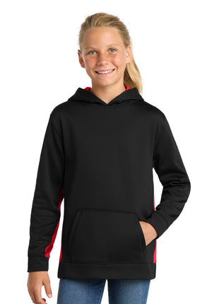 Sport-Tek® Youth Sport-Wick® Fleece Colorblock Hooded Pullover.  YST235 - Black/ Deep Red | Sport-Tek