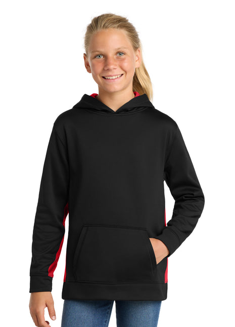 Sport-Tek® Youth Sport-Wick® Fleece Colorblock Hooded Pullover.  YST235 - Black/ Deep Red | Sport-Tek