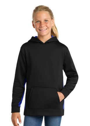 Sport-Tek® Youth Sport-Wick® Fleece Colorblock Hooded Pullover.  YST235 - Black/ True Royal | Sport-Tek