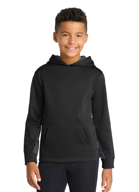 Sport-Tek® Youth Sport-Wick® CamoHex Fleece Colorblock Hooded Pullover.  YST239 - Black/ Dark Smoke Grey | Sport-Tek