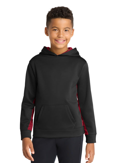 Sport-Tek® Youth Sport-Wick® CamoHex Fleece Colorblock Hooded Pullover.  YST239 - Black/ Deep Red | Sport-Tek