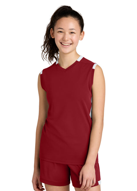 Sport-Tek® Youth Club Sleeveless V-Neck YST441 - Deep Red/ White | Sport-Tek