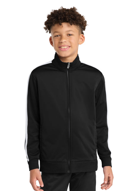 Sport-Tek ® Youth Tricot Sleeve Stripe Track Jacket. YST94 - Black/ White | Sport-Tek