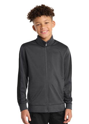 Sport-Tek ® Youth Tricot Sleeve Stripe Track Jacket. YST94 - Graphite/ Black | Sport-Tek
